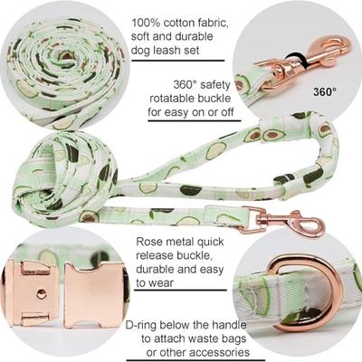 Size Medium Green & White Stripe Avocado Printed Dog Collar w/Matching Leash, Bowtie & Flower Rose Gold Hardware