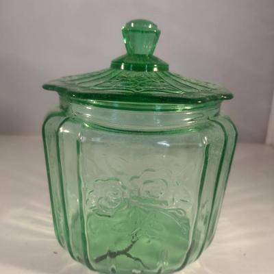 Embossed Green Glass Cookie Jar with Lid