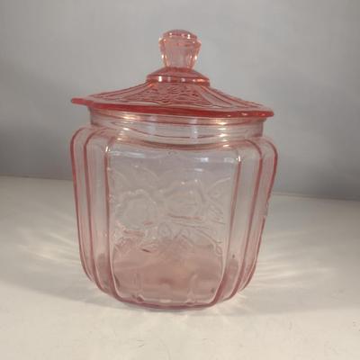 Embossed Pink Glass Cookie Jar with Lid