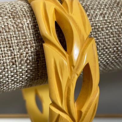 Vintage Carved Pierced Yellow Bakelite Bracelet
