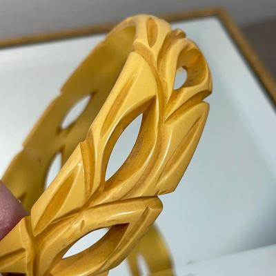 Vintage Carved Pierced Yellow Bakelite Bracelet
