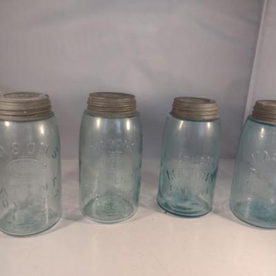 Vintage Mason Blue Glass Jars with Metal Lids- Quart Size- Four Pieces (#1)