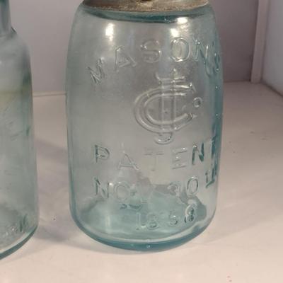 Vintage Blue Glass Jars- Pint Size- Three Pieces (#2)