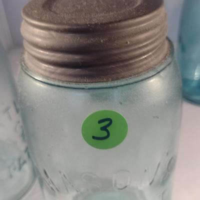Vintage Blue Glass Jars- Pint Size- Five Pieces (#3)