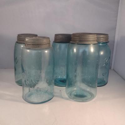 Vintage Blue Glass Jars- Pint Size- Five Pieces (#3)