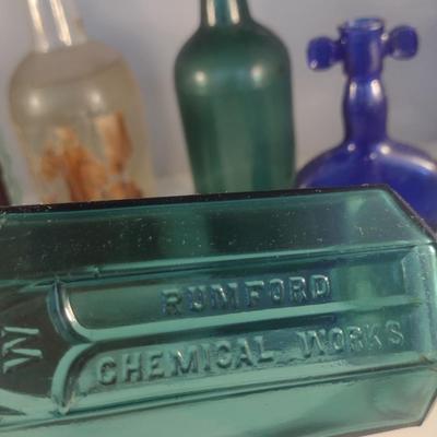 Collection of Vintage Glass Bottles- Clear, Blue, Green, and Amber