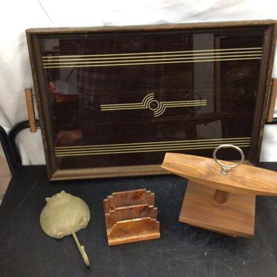 MCM Serving Tray, Wood Napkin Holder, Wood Pipe Holder Cat Hook