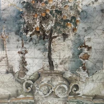 Ornate Framed Art of Potted Citrus Tree