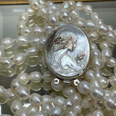 3 Strand Genuine Pearl and Carved Cameo Necklace Wow!