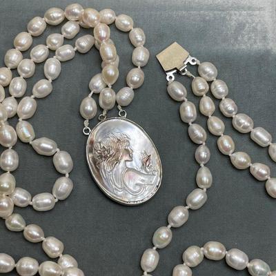 3 Strand Genuine Pearl and Carved Cameo Necklace Wow!