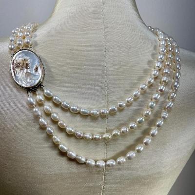 3 Strand Genuine Pearl and Carved Cameo Necklace Wow!