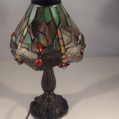 Metal Post Table Top Lamp with Stained Glass Shade- Dragonfly Design- Approx 13" Tall