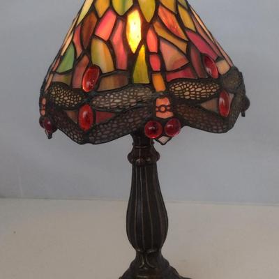 Metal Post Table Top Lamp with Stained Glass Shade- Dragonfly Design- Approx 13" Tall