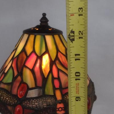 Metal Post Table Top Lamp with Stained Glass Shade- Dragonfly Design- Approx 13" Tall