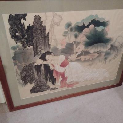 Large, Asian Design Art- Framed Under Glass- Approx 41 1/2" x 52 3/4"