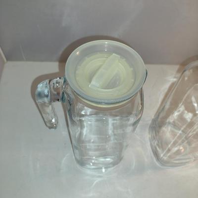 Pair of Italian Bormioli Rocco Juice/Beverage Carafes with Twist on Lids