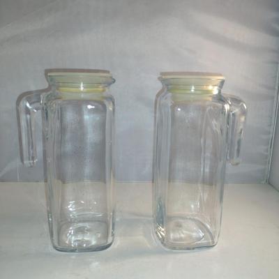 Pair of Italian Bormioli Rocco Juice/Beverage Carafes with Twist on Lids