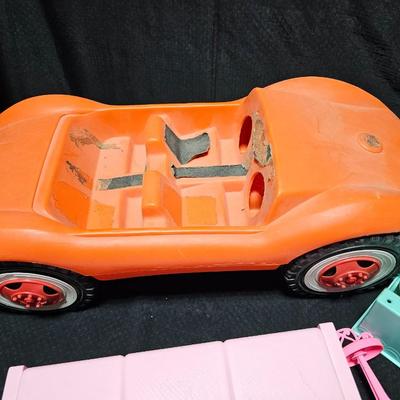 Vintage 1960s BIG Brand Barbie Doll Sand Dune Buggy Cruiser car with Vintage Teal Barbie Beauty Bath Tub and beds