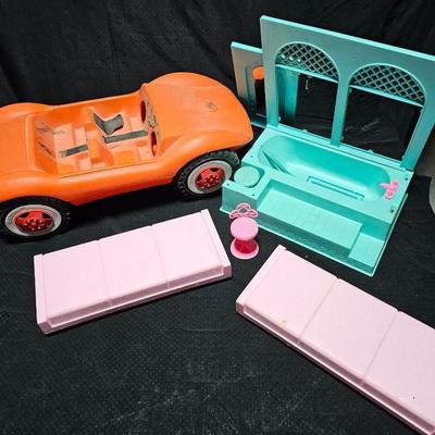 Vintage 1960s BIG Brand Barbie Doll Sand Dune Buggy Cruiser car with Vintage Teal Barbie Beauty Bath Tub and beds