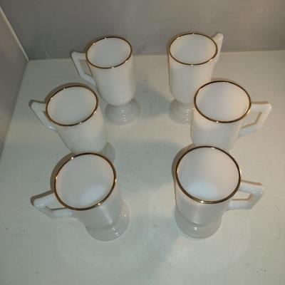 Set of Six Irish Coffee Mugs- Milk Glass with Gold Rim