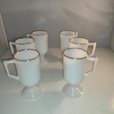 Set of Six Irish Coffee Mugs- Milk Glass with Gold Rim