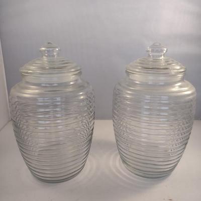 Pair of Glass Bee Hive Shaped Jars with Plastic Gaskets- Approx 9 Inches Tall- Marked USA