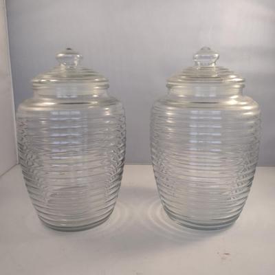 Pair of Glass Bee Hive Shaped Jars with Plastic Gaskets- Approx 9 Inches Tall- Marked USA