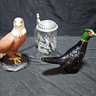 Vintage beer stein with deer - pewter lid - Avon glass pheasant - and an Eagle figure "Pride of America"