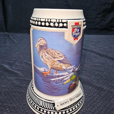 Old Style winter wildlife series Snowy River Mallards Beer stein with two Miniatures by world champion carver J.B. Garton Duck Sculptures