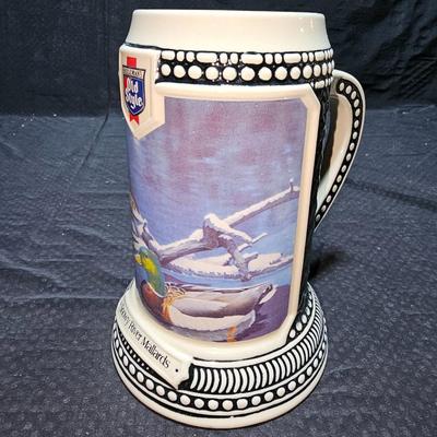Old Style winter wildlife series Snowy River Mallards Beer stein with two Miniatures by world champion carver J.B. Garton Duck Sculptures