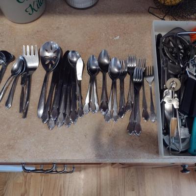 Collection of Stainless Flatware and Kitchen Utensils