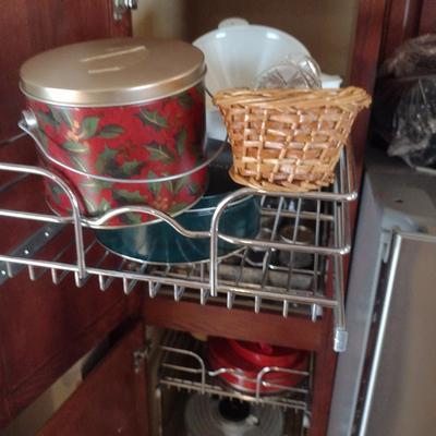Contents of Cabinet- Bakeware, Assorted Kitchen Items, Storage Tins, Jars, etc.