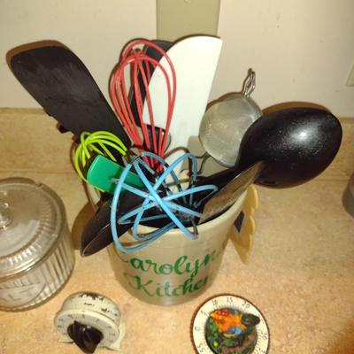 Collection of Kitchen Ware- Salt Cellar, Utensils with Holder, Timers, Spoon Rest