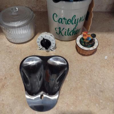 Collection of Kitchen Ware- Salt Cellar, Utensils with Holder, Timers, Spoon Rest