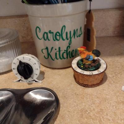 Collection of Kitchen Ware- Salt Cellar, Utensils with Holder, Timers, Spoon Rest