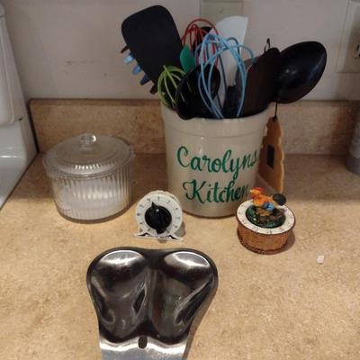 Collection of Kitchen Ware- Salt Cellar, Utensils with Holder, Timers, Spoon Rest