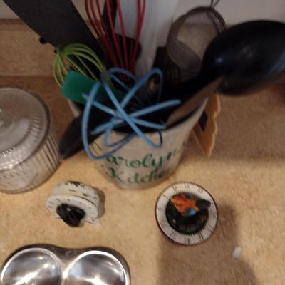 Collection of Kitchen Ware- Salt Cellar, Utensils with Holder, Timers, Spoon Rest