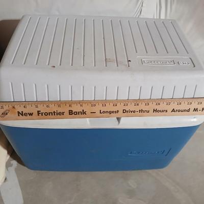 Rubbermaid 56 cooler with Panda bear umbrella and vintage metal Coleman water dispenser