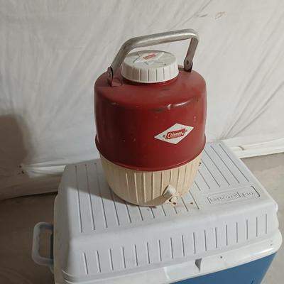 Rubbermaid 56 cooler with Panda bear umbrella and vintage metal Coleman water dispenser