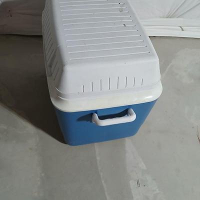 Rubbermaid 56 cooler with Panda bear umbrella and vintage metal Coleman water dispenser