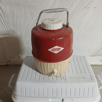 Rubbermaid 56 cooler with Panda bear umbrella and vintage metal Coleman water dispenser