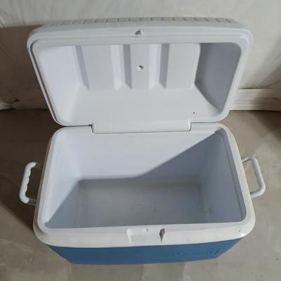 Rubbermaid 56 cooler with Panda bear umbrella and vintage metal Coleman water dispenser