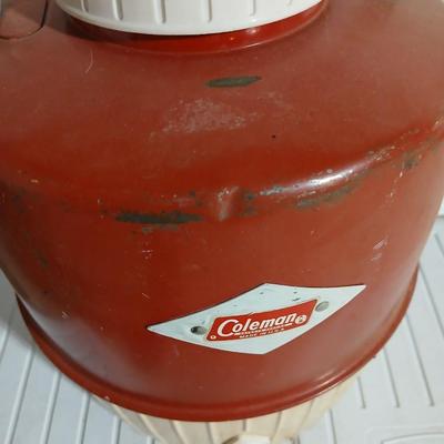 Rubbermaid 56 cooler with Panda bear umbrella and vintage metal Coleman water dispenser
