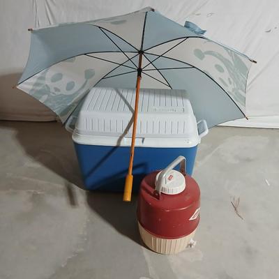 Rubbermaid 56 cooler with Panda bear umbrella and vintage metal Coleman water dispenser