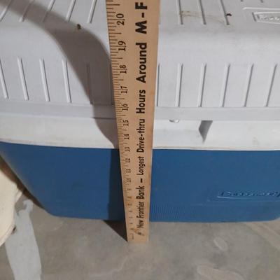 Rubbermaid 56 cooler with Panda bear umbrella and vintage metal Coleman water dispenser