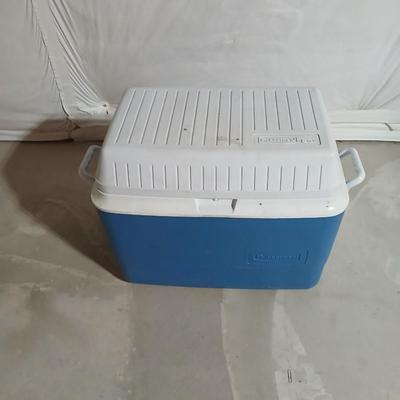 Rubbermaid 56 cooler with Panda bear umbrella and vintage metal Coleman water dispenser