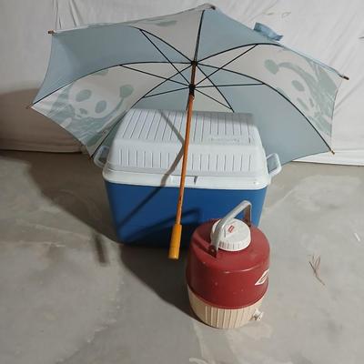 Rubbermaid 56 cooler with Panda bear umbrella and vintage metal Coleman water dispenser