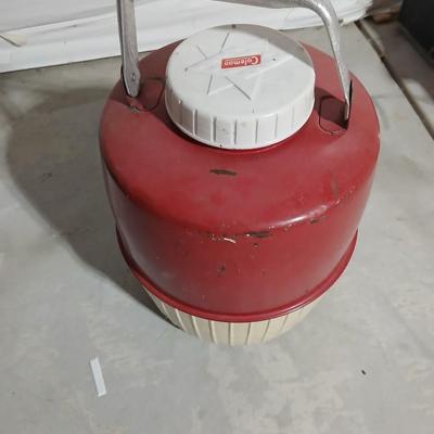 Rubbermaid 56 cooler with Panda bear umbrella and vintage metal Coleman water dispenser