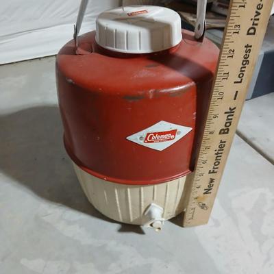 Rubbermaid 56 cooler with Panda bear umbrella and vintage metal Coleman water dispenser