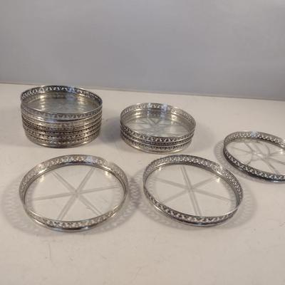 One Dozen Antique Sterling Silver and Glass Beverage Coasters- Approx 3" in Diameter